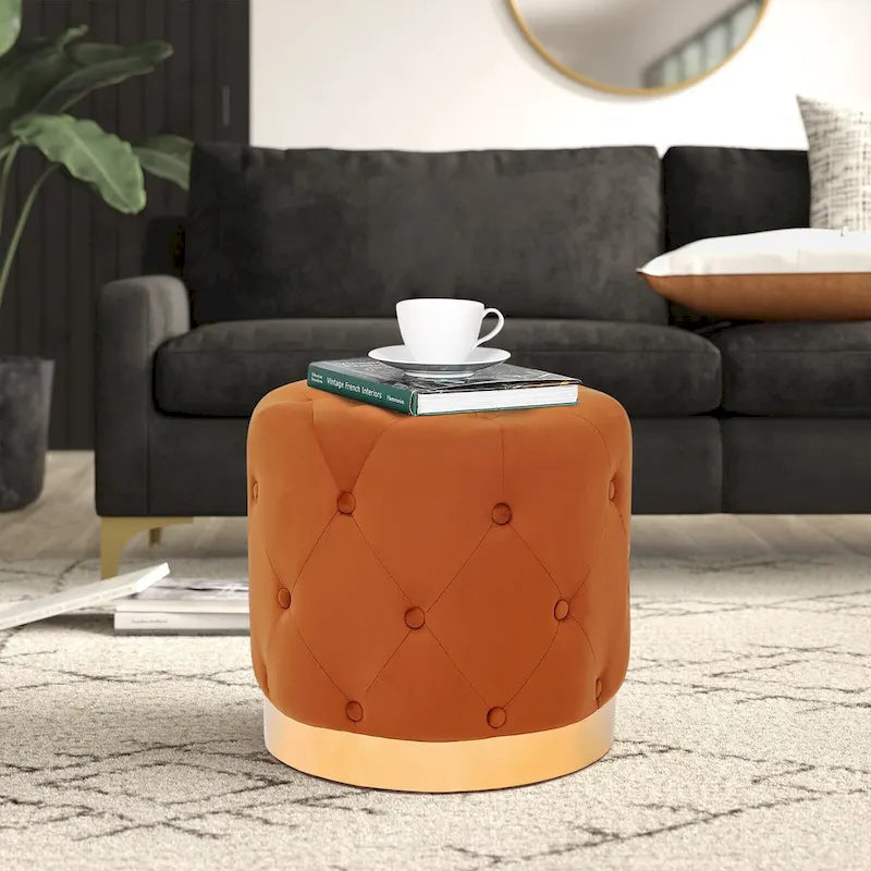 Round Tufted Velvet Ottoman Footrest Stool with Gold Metal Base, Multi-Color