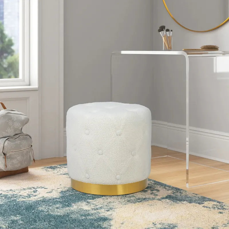 Round Tufted Velvet Ottoman Footrest Stool with Gold Metal Base, Multi-Color