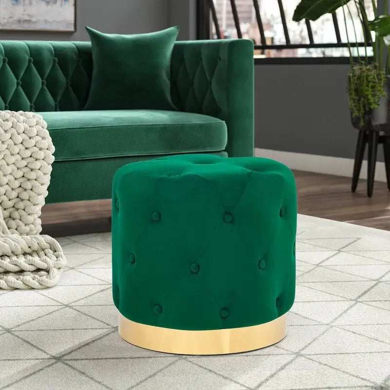 Round Tufted Velvet Ottoman Footrest Stool with Gold Metal Base, Multi-Color