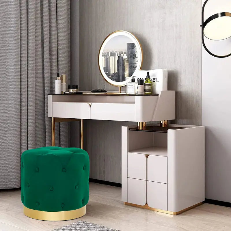 Round Tufted Velvet Ottoman Footrest Stool with Gold Metal Base, Multi-Color