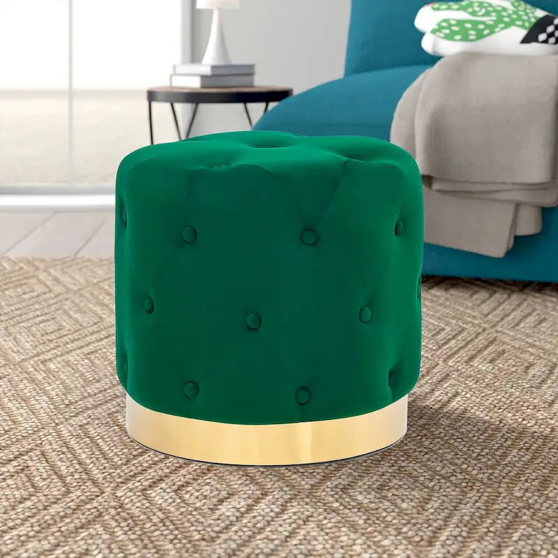 Round Tufted Velvet Ottoman Footrest Stool with Gold Metal Base, Multi-Color