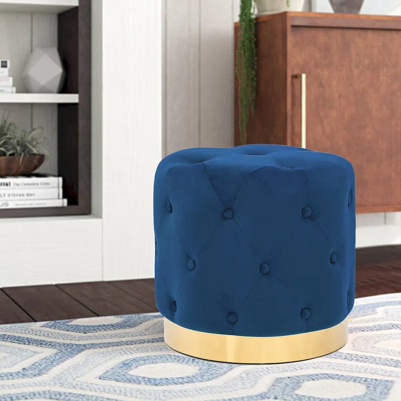 Round Tufted Velvet Ottoman Footrest Stool with Gold Metal Base, Multi-Color
