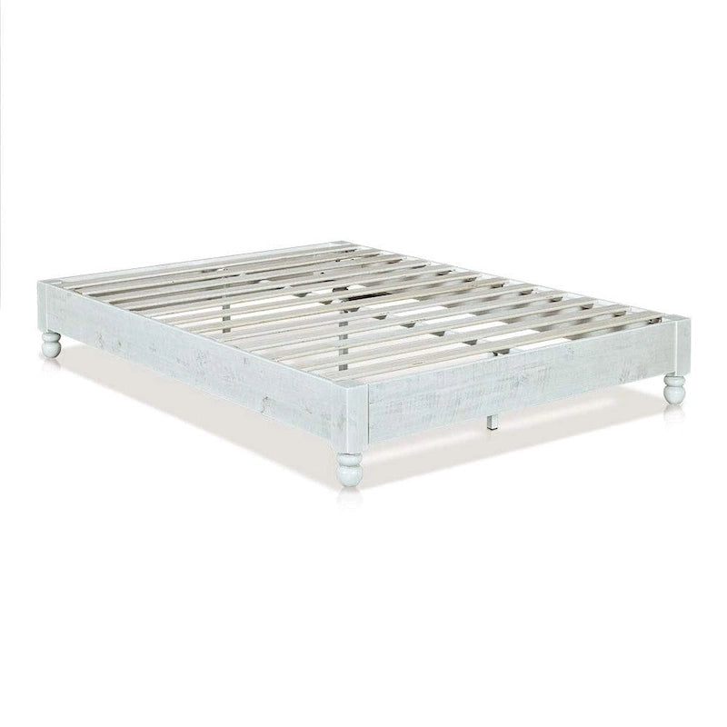 Rustic White Washed Solid Wood Platform Bed Frame with Slats