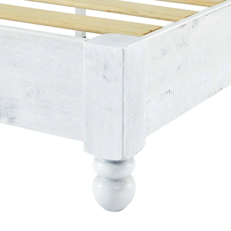 Rustic White Washed Solid Wood Platform Bed Frame with Slats