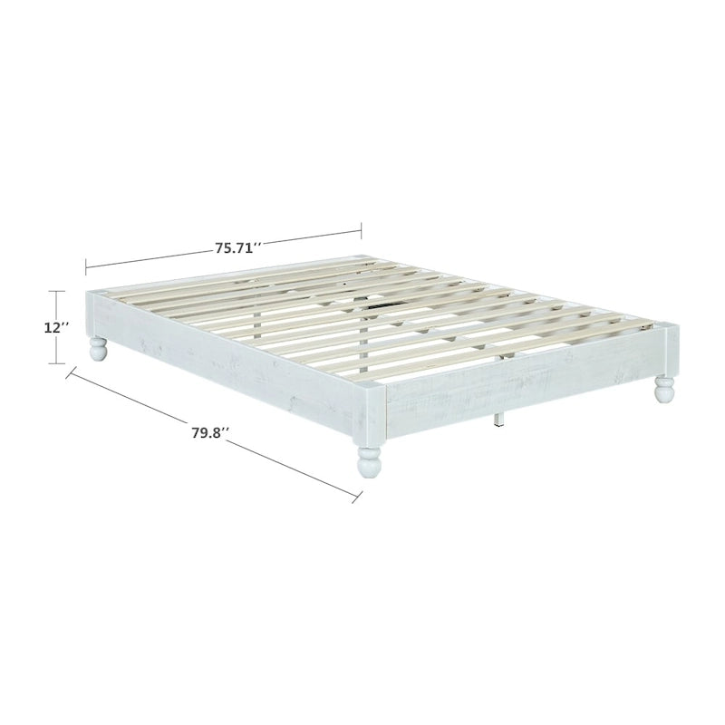 Rustic White Washed Solid Wood Platform Bed Frame with Slats