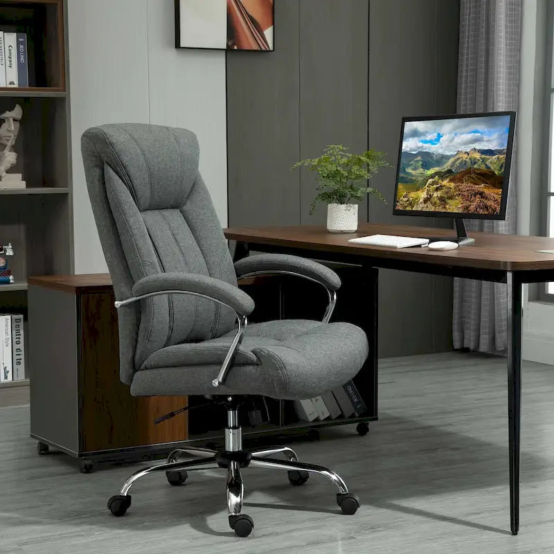 Fauteuil de bureau ergonomique pivotant à dossier haut en tissu lin avec accoudoirs noir/gris