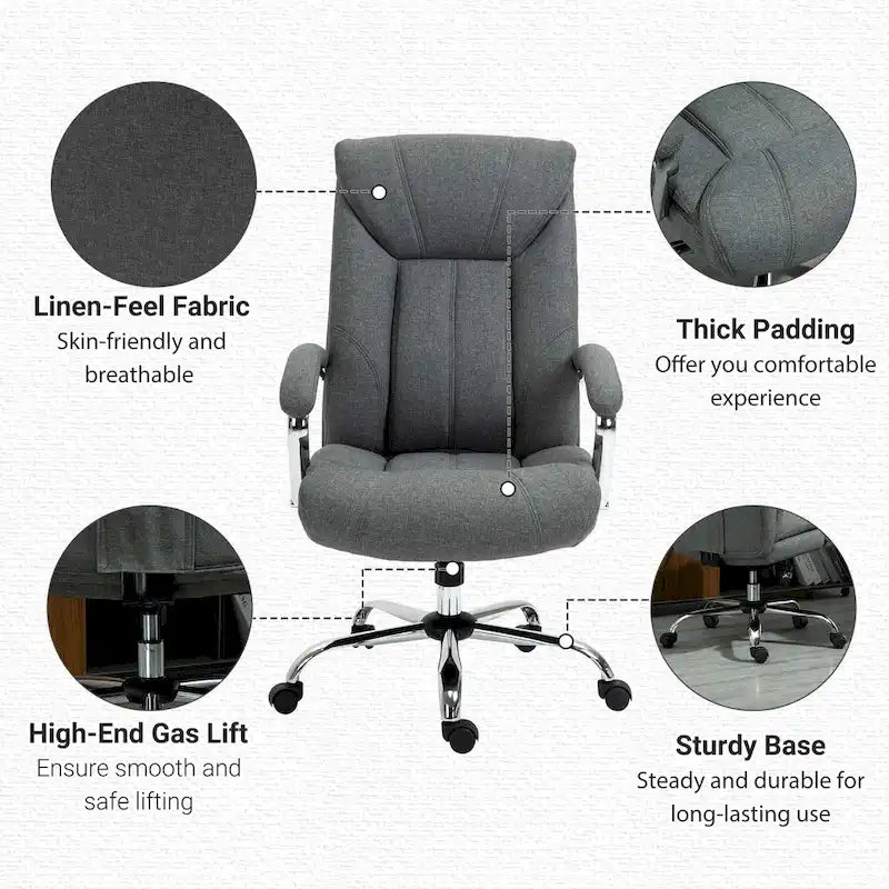 High Back Ergonomic Swivel Office Chair Linen Fabric with Arms Black Grey