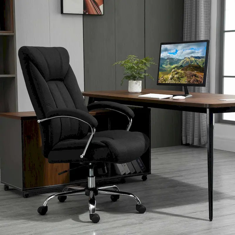 High Back Ergonomic Swivel Office Chair Linen Fabric with Arms Black Grey
