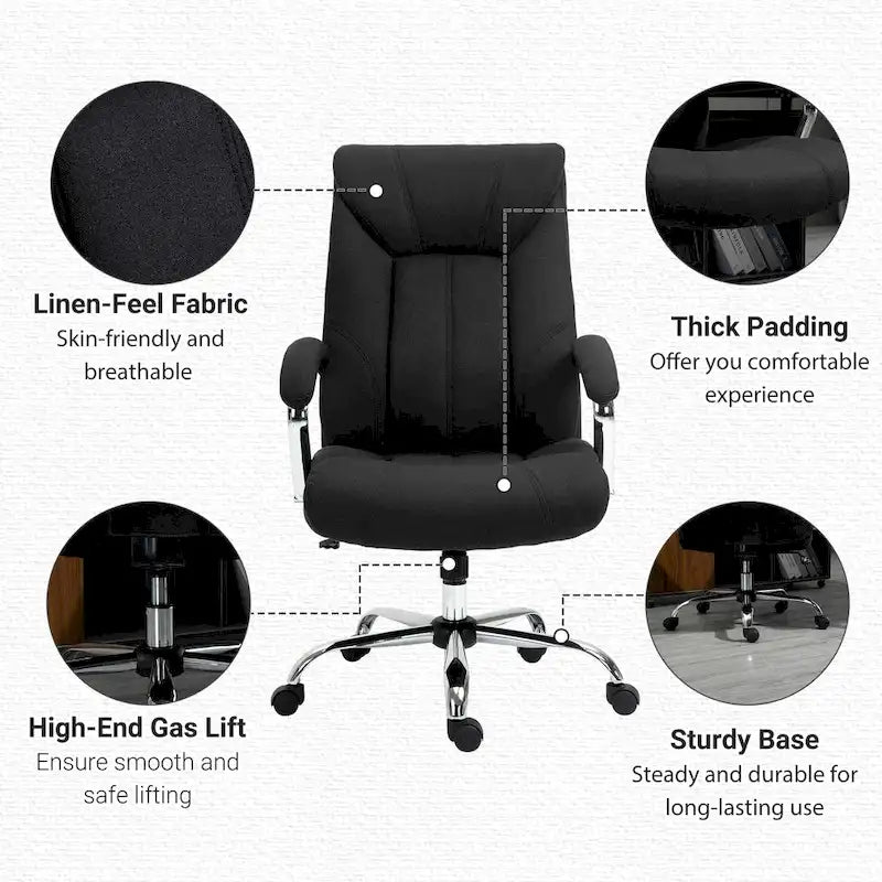 High Back Ergonomic Swivel Office Chair Linen Fabric with Arms Black Grey