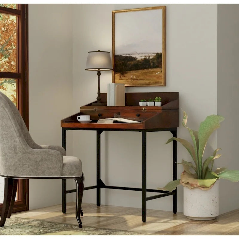 Rustic Solid Mango Wood Writing Desk with Drawers, Chestnut Black