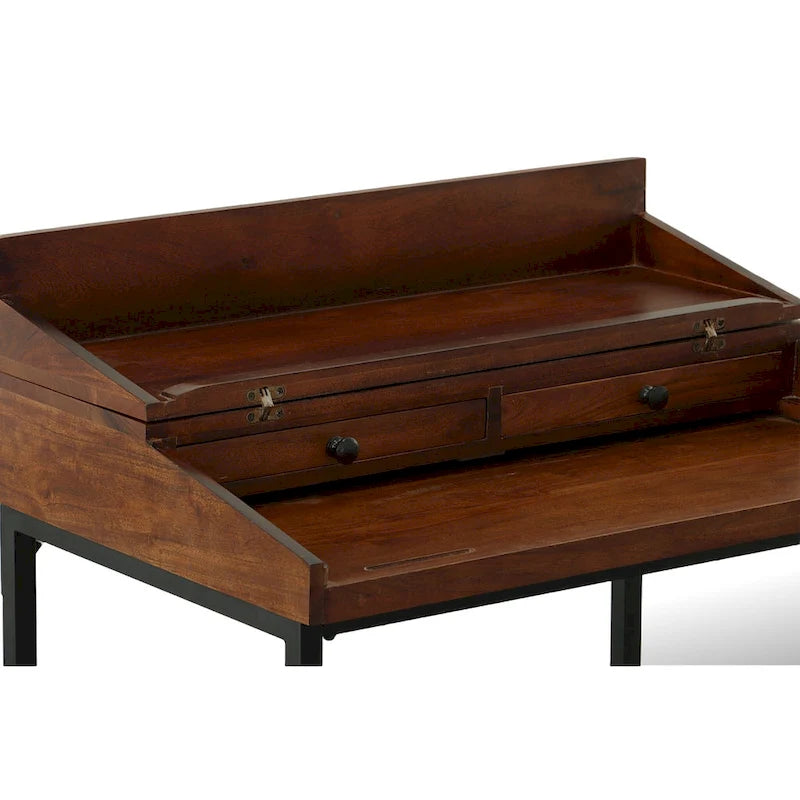 Rustic Solid Mango Wood Writing Desk with Drawers, Chestnut Black