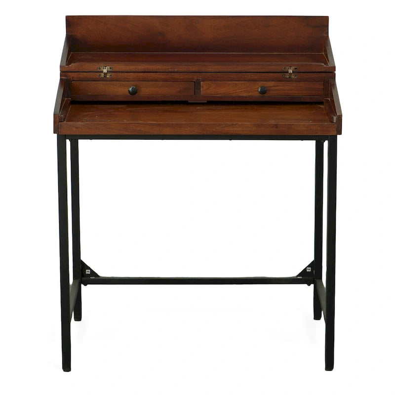 Rustic Solid Mango Wood Writing Desk with Drawers, Chestnut Black
