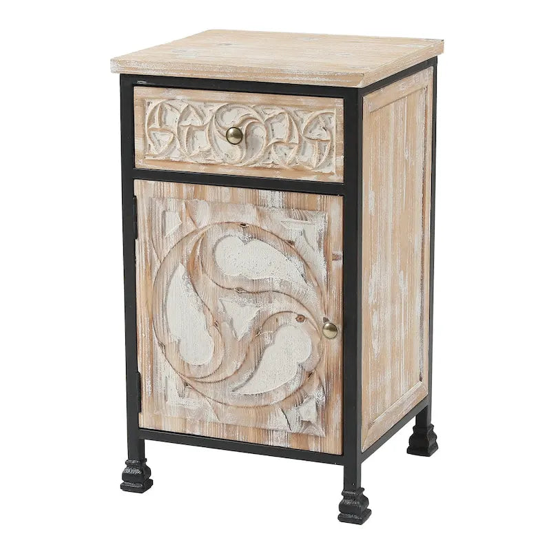 Farmhouse Wood and Metal Nightstand with Carved Drawer and Cabinet Door