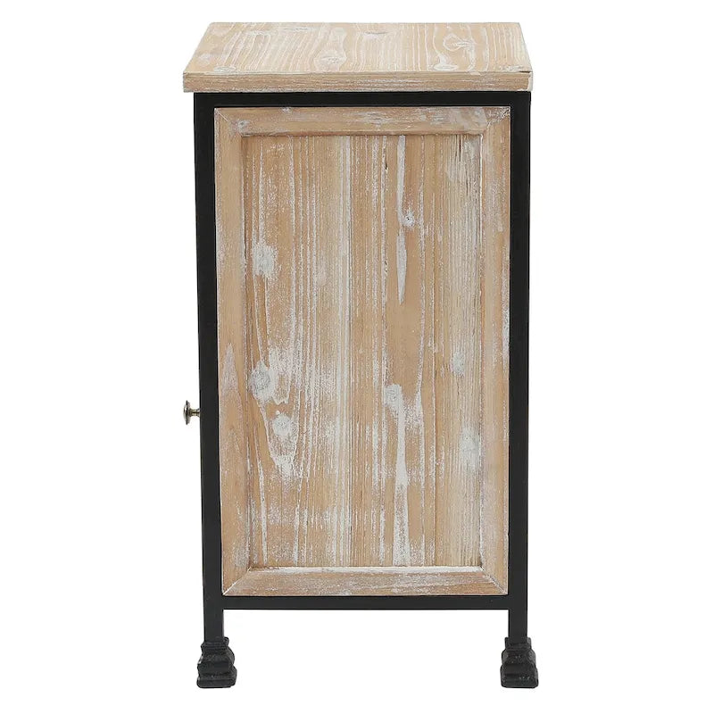 Farmhouse Wood and Metal Nightstand with Carved Drawer and Cabinet Door