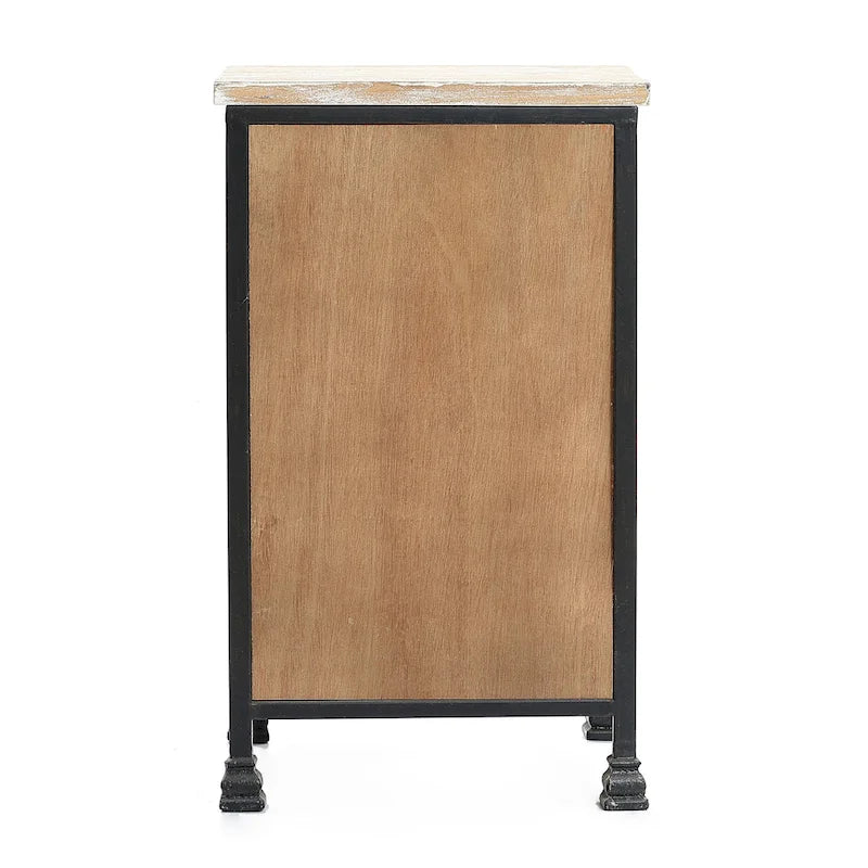 Farmhouse Wood and Metal Nightstand with Carved Drawer and Cabinet Door