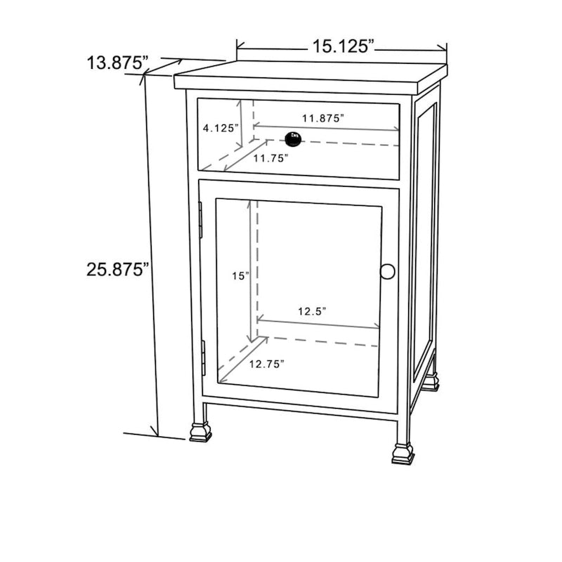 Farmhouse Wood and Metal Nightstand with Carved Drawer and Cabinet Door