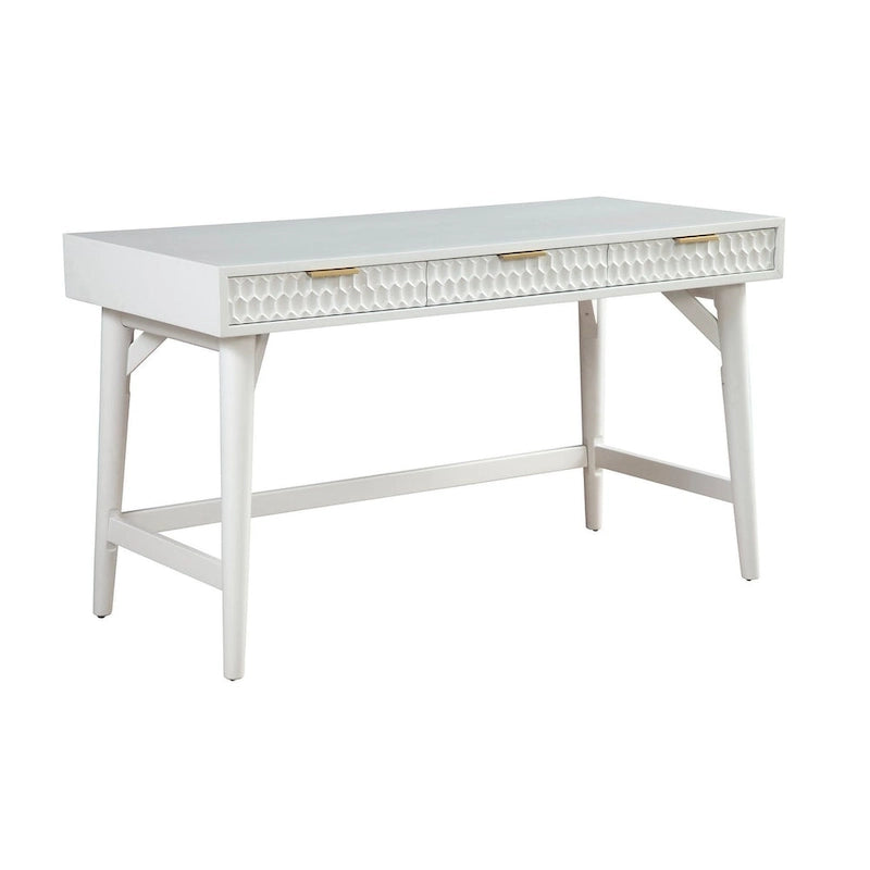 White Wood Writing Desk with Textured Drawers and Gold Hardware