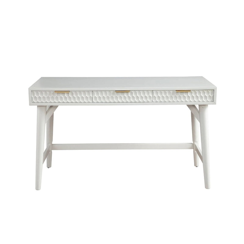 White Wood Writing Desk with Textured Drawers and Gold Hardware