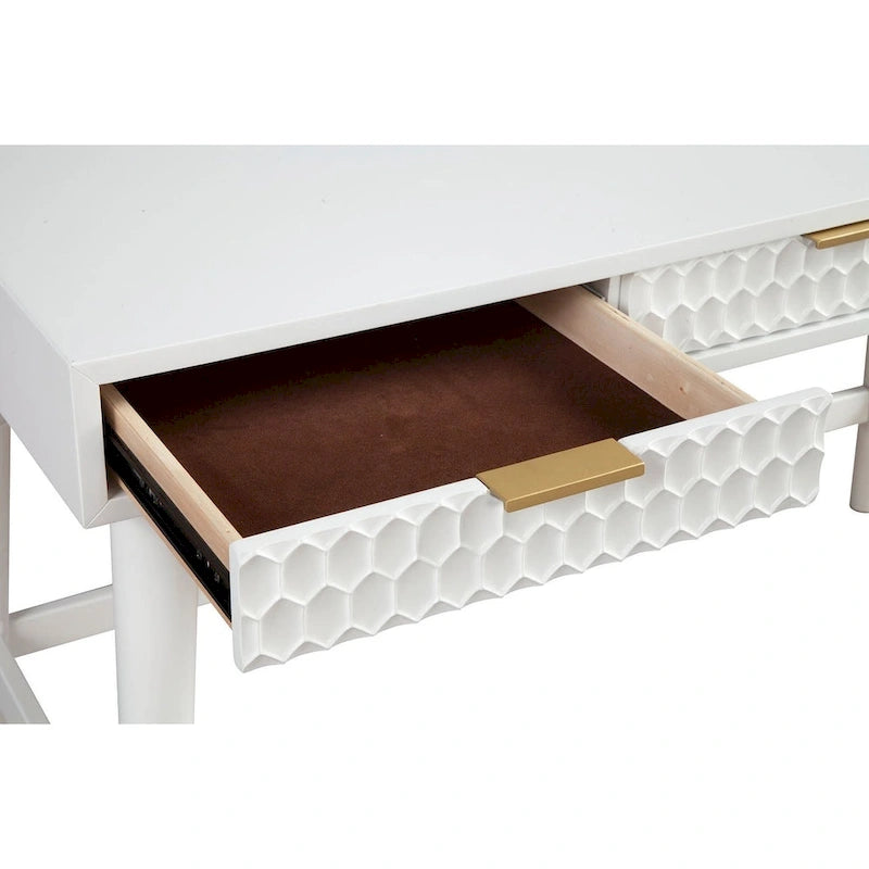 White Wood Writing Desk with Textured Drawers and Gold Hardware