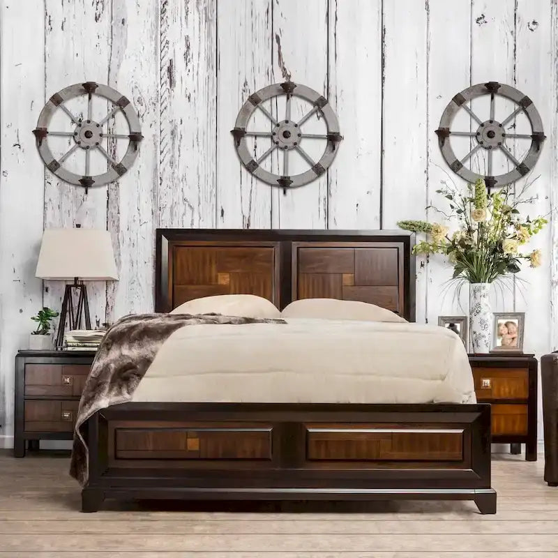 Two-Tone Acacia Walnut Solid Wood Panel Bed Tapered Legs