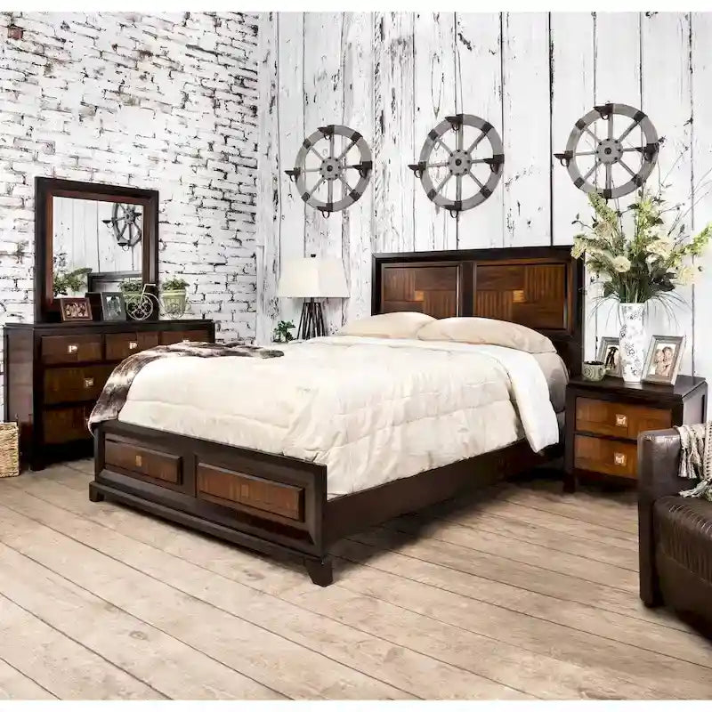 Two-Tone Acacia Walnut Solid Wood Panel Bed Tapered Legs
