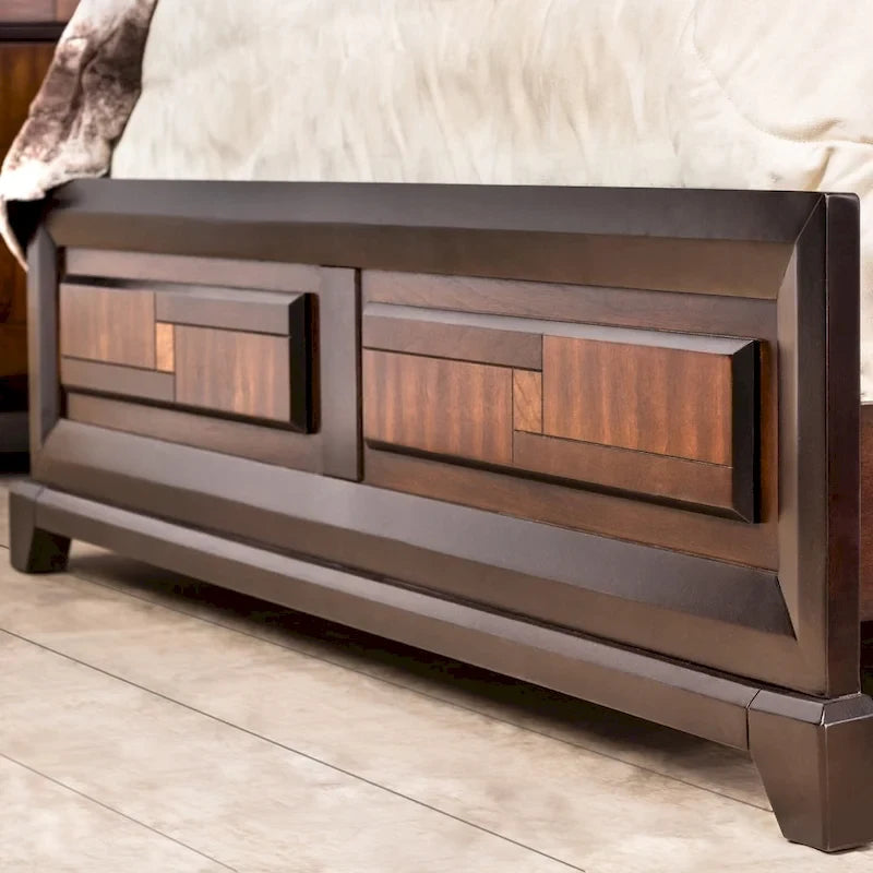 Two-Tone Acacia Walnut Solid Wood Panel Bed Tapered Legs