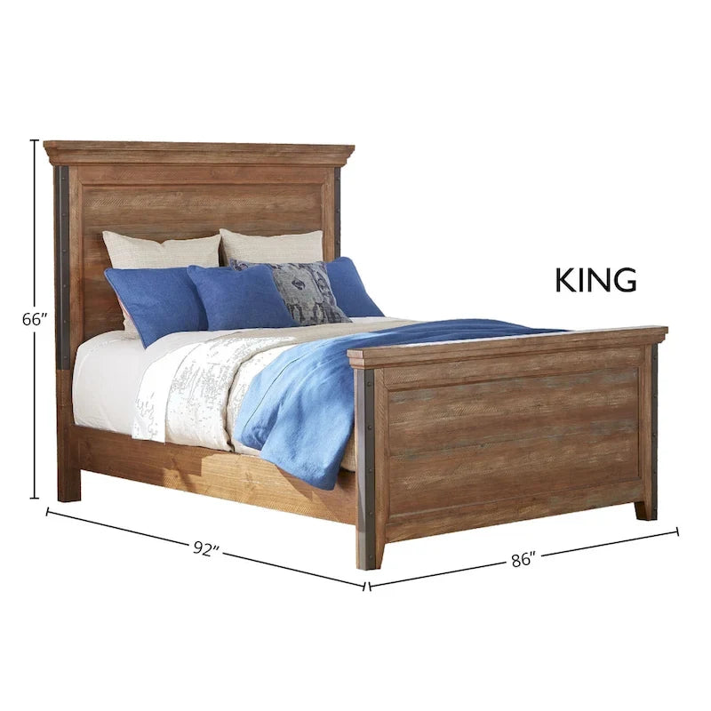 Rustic Canyon Brown Solid Pine Wood Panel Bed Studded Metal Accent