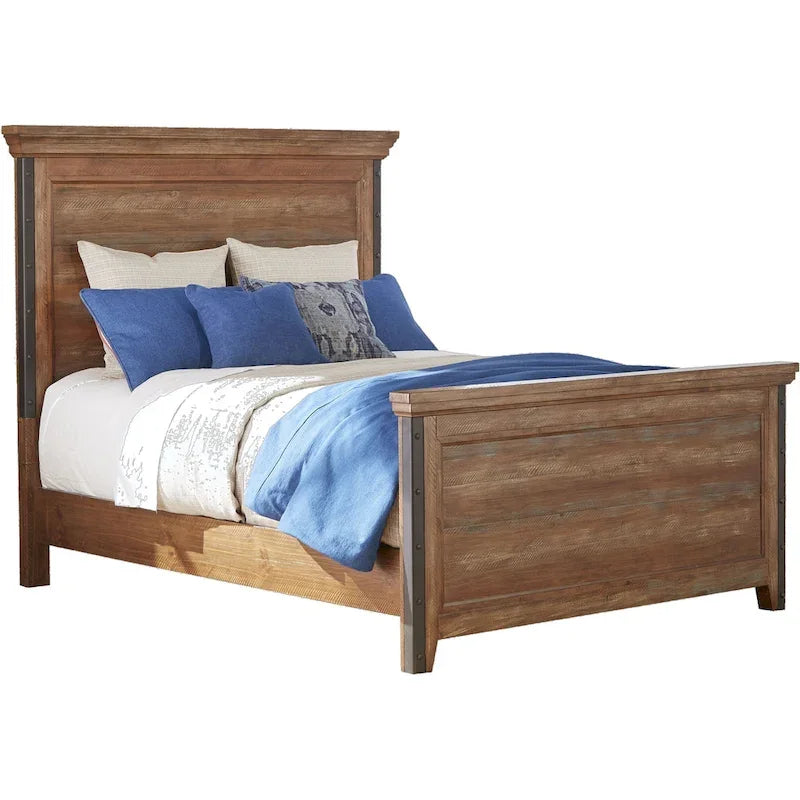 Rustic Canyon Brown Solid Pine Wood Panel Bed Studded Metal Accent