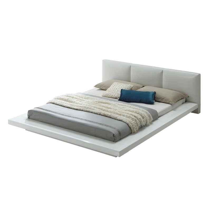 Gloss White Low Profile Upholstered Platform Bed Padded Faux Leather Headboard Minimalist