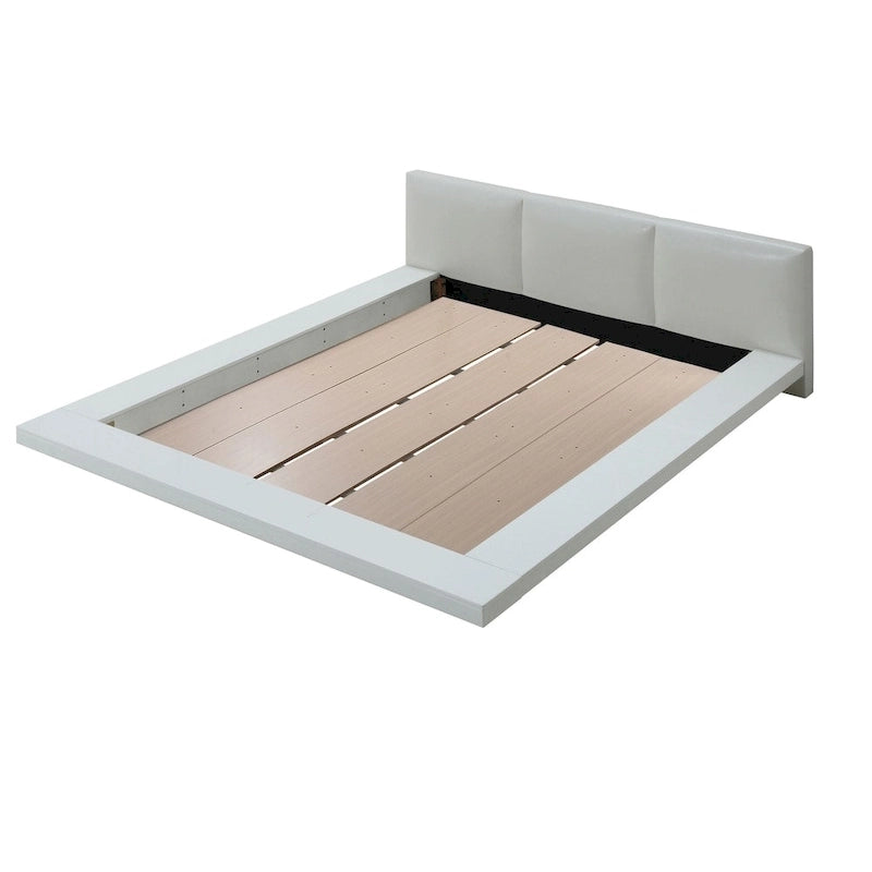 Gloss White Low Profile Upholstered Platform Bed Padded Faux Leather Headboard Minimalist