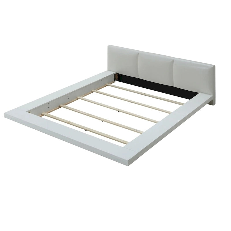 Gloss White Low Profile Upholstered Platform Bed Padded Faux Leather Headboard Minimalist