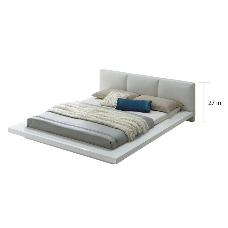 Gloss White Low Profile Upholstered Platform Bed Padded Faux Leather Headboard Minimalist