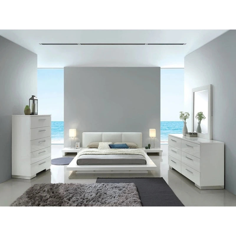 Gloss White Low Profile Upholstered Platform Bed Padded Faux Leather Headboard Minimalist