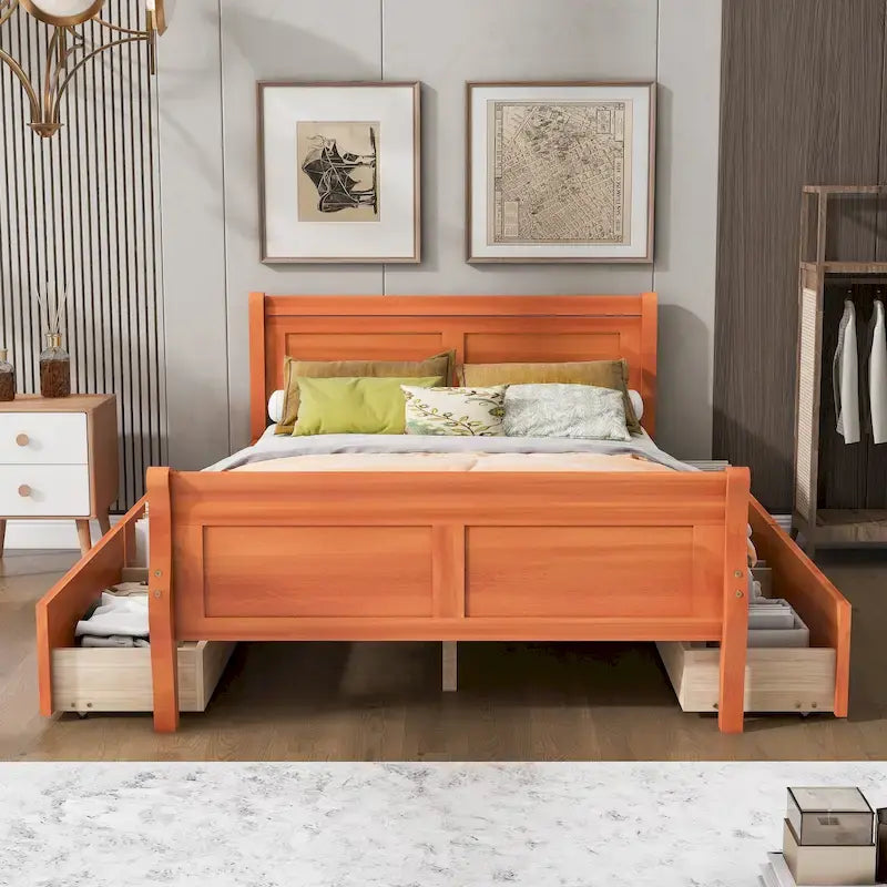 Wood Platform Bed with Storage Drawers Headboard Footboard Oak White Grey Espresso