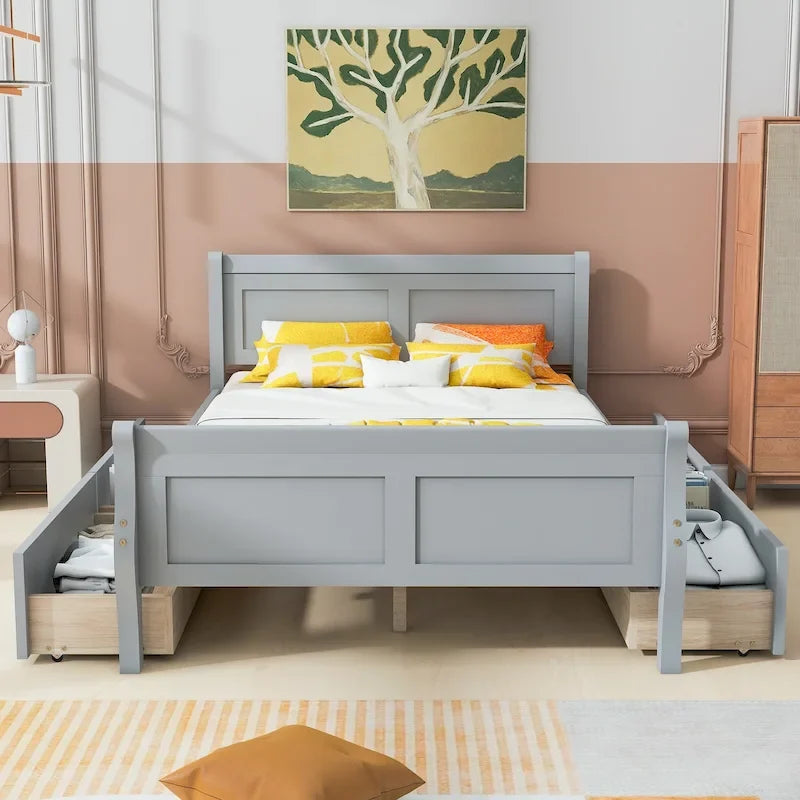 Lit plateforme en bois avec tiroirs de rangement, tête et pied de lit, chêne, blanc, gris, expresso