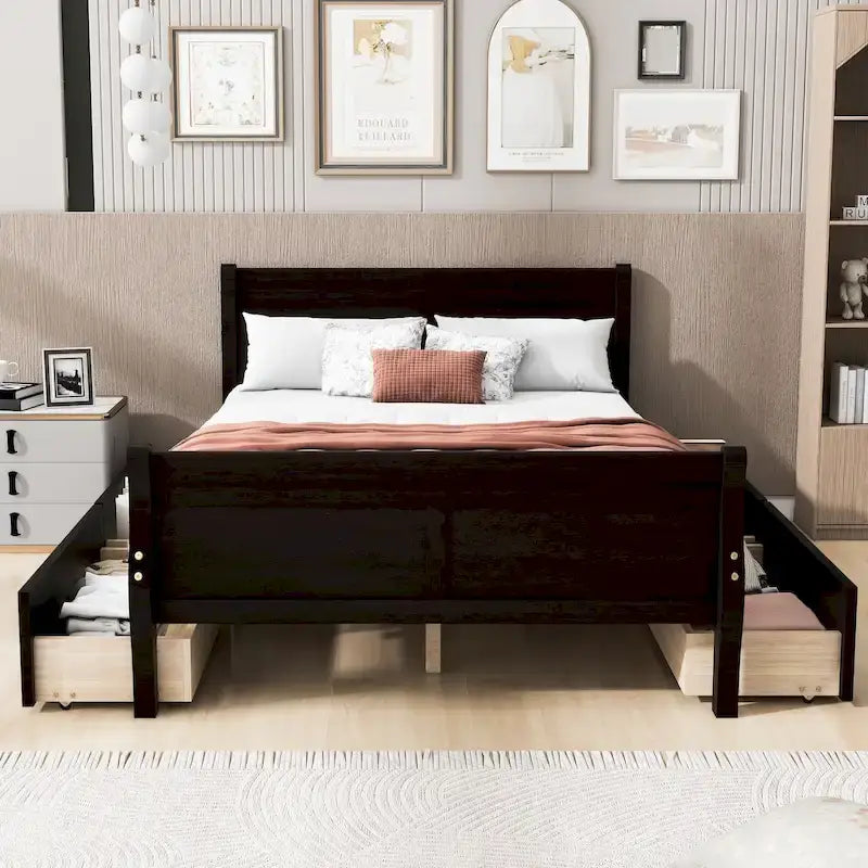 Lit plateforme en bois avec tiroirs de rangement, tête et pied de lit, chêne, blanc, gris, expresso