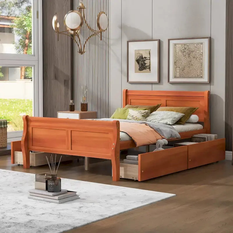 Wood Platform Bed with Storage Drawers Headboard Footboard Oak White Grey Espresso