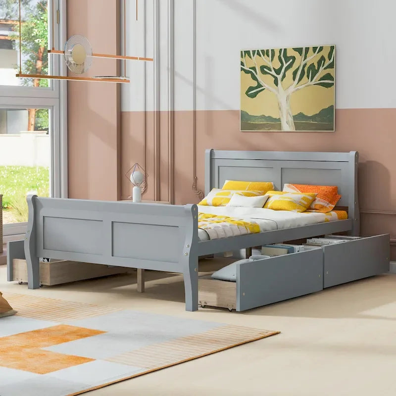 Wood Platform Bed with Storage Drawers Headboard Footboard Oak White Grey Espresso