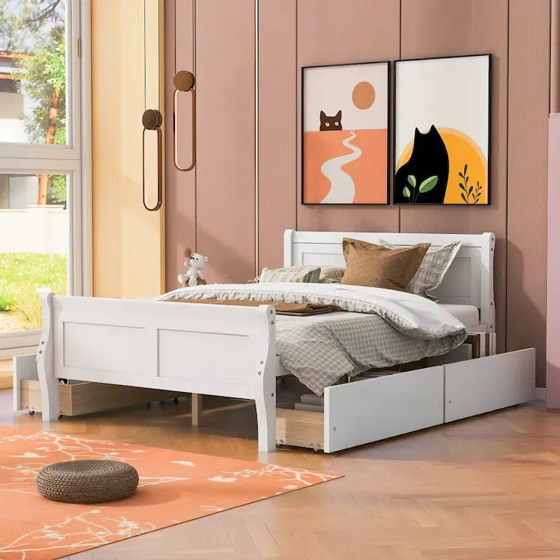 Wood Platform Bed with Storage Drawers Headboard Footboard Oak White Grey Espresso