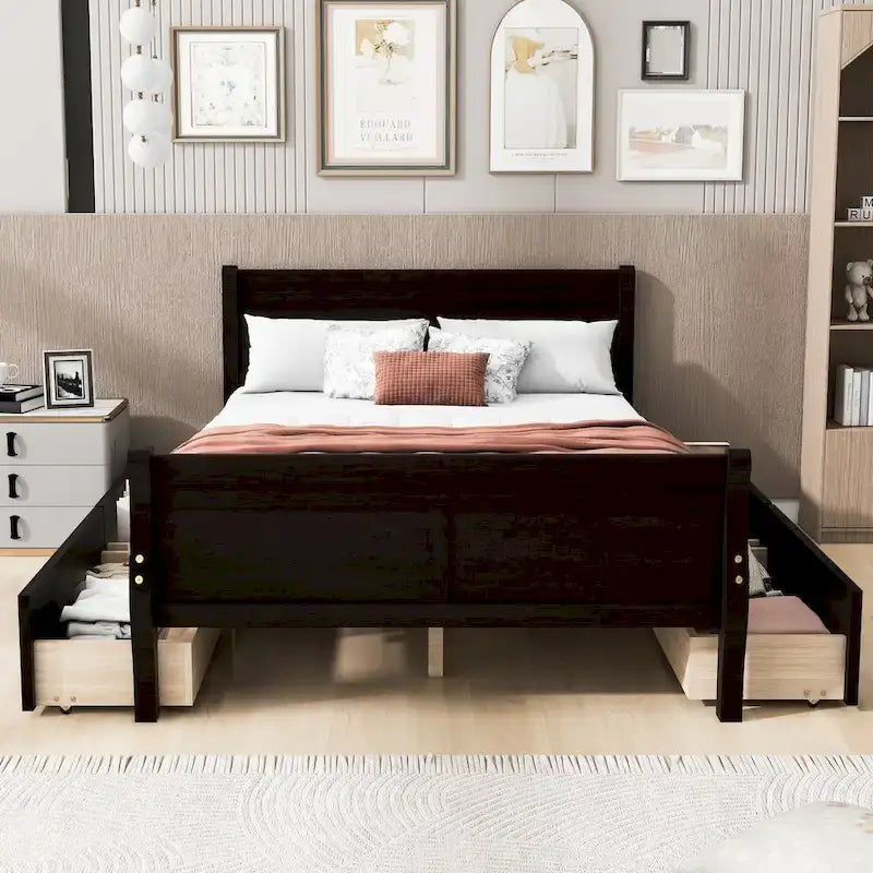 Wood Platform Bed with Storage Drawers Headboard Footboard Oak White Grey Espresso