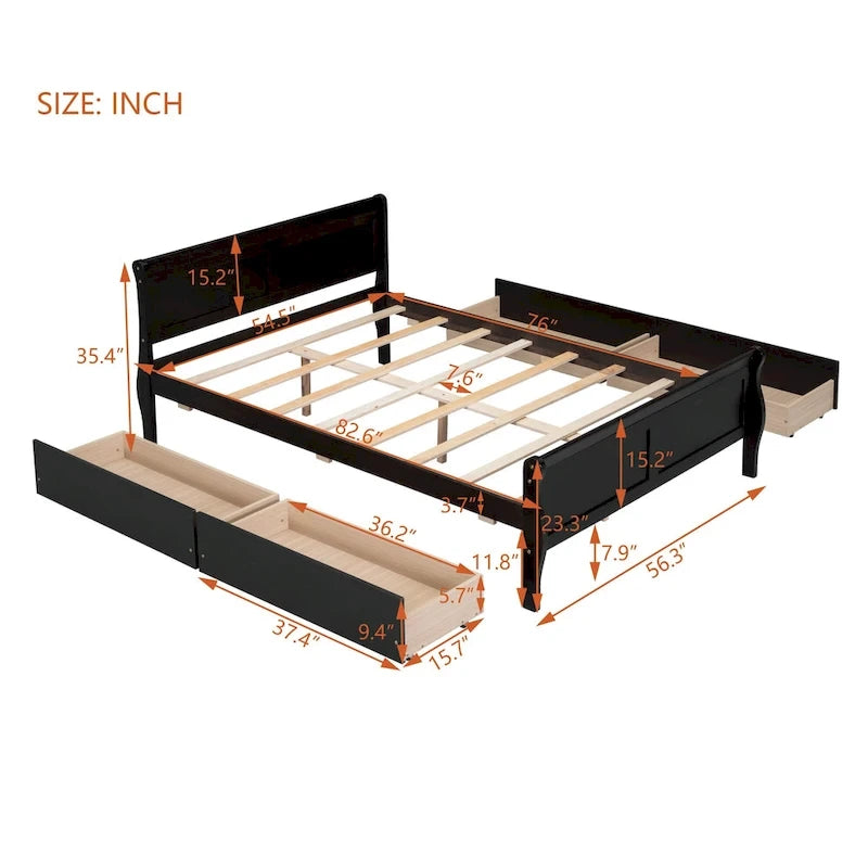 Wood Platform Bed with Storage Drawers Headboard Footboard Oak White Grey Espresso