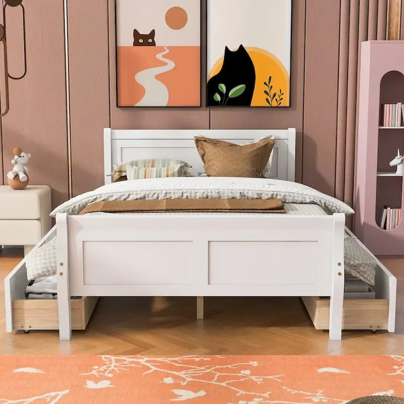 Wood Platform Bed with Storage Drawers Headboard Footboard Oak White Grey Espresso