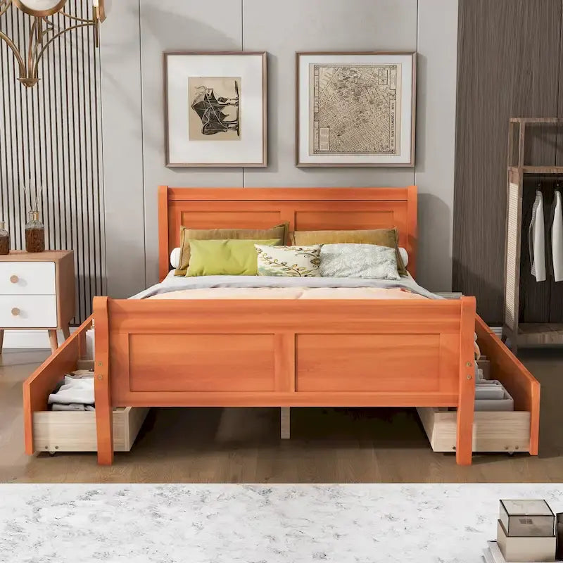 Wood Platform Bed with Storage Drawers Headboard Footboard Oak White Grey Espresso