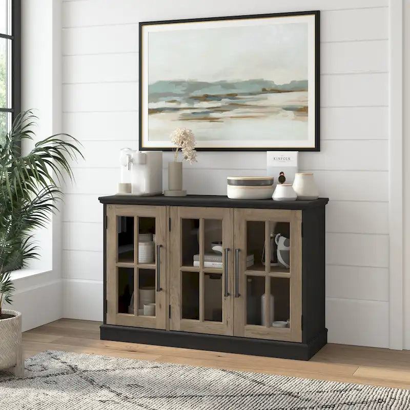 Farmhouse Sideboard Cabinet with Windowpane Glass Doors Vintage Black