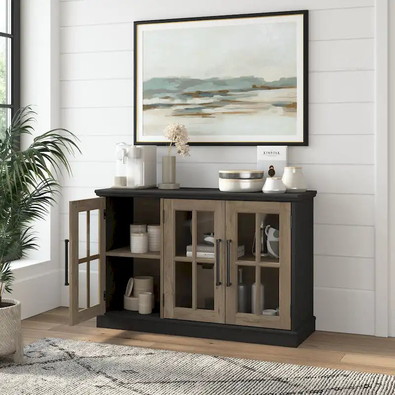 Farmhouse Sideboard Cabinet with Windowpane Glass Doors Vintage Black