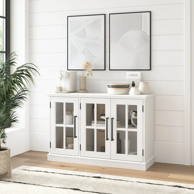 Farmhouse Sideboard Cabinet with Windowpane Glass Doors Vintage Black