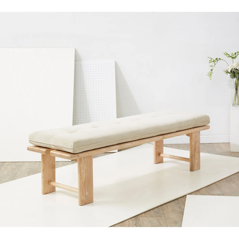 Modern Tufted Cushion Bench with Ashwood Base Beige Linen Upholstery