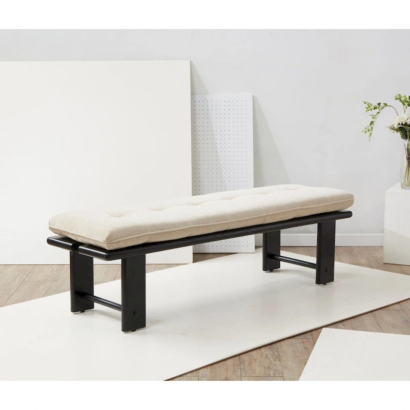 Modern Tufted Cushion Bench with Ashwood Base Beige Linen Upholstery