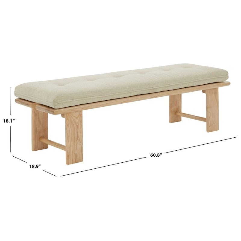 Modern Tufted Cushion Bench with Ashwood Base Beige Linen Upholstery