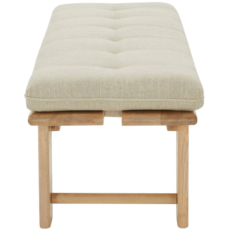 Modern Tufted Cushion Bench with Ashwood Base Beige Linen Upholstery